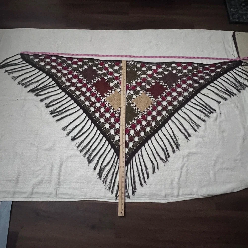 Boho Crochet Triangle Fringe Shawl Wrap‎ Earhtones Cottagecore Victorian Granny